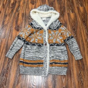 Miss Me Gray & Orange Wool Faux Fur Hooded Cardigan Sweater Size L Women’s